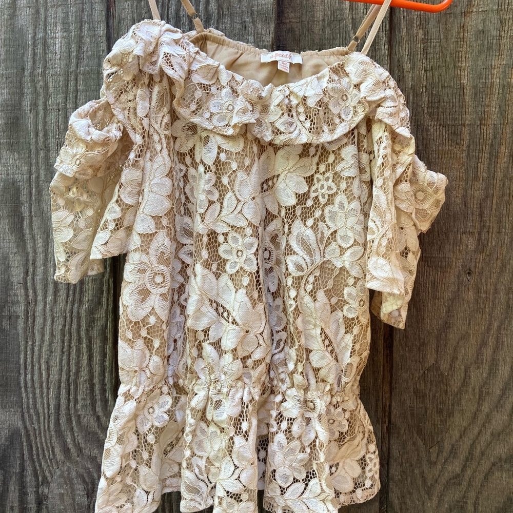 A Peach Floral Lace Bare Shoulder Blouse